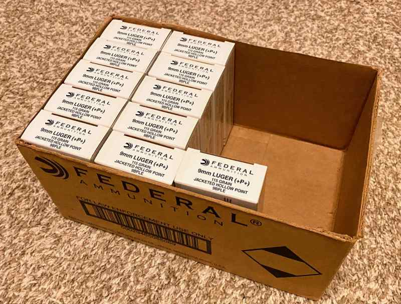 9mm: Federal 9BPLE 115gr +P+ (550rds)  ~1,300 FPS