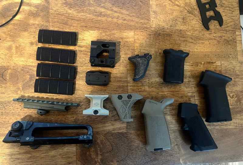 Grips, optic mounts, hand guards, accessories, etc