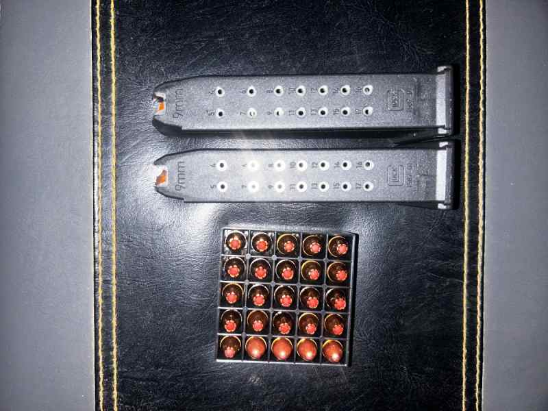 2 new 17rd Glock 9mm magazines W/ 25 Rounds